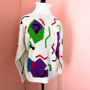 Very fun vintage 80s ESPRIT sweater with bright abstract print, mock-turtleneck